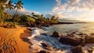 Maui Hawaii Palmen Strand Felsen Wellen